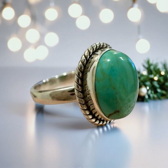 Kingman Turquoise Oval Shape Rope Design Silver Ring Size 8 - Picture 6 of 7